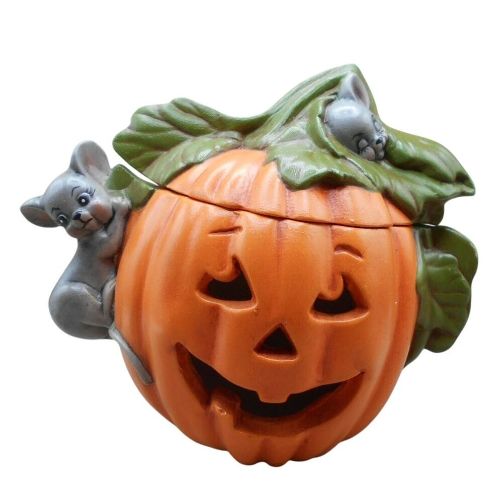 Halloween Ceramic Jack O'Lantern Pumpkin & Mice w/Lid Hand Painted 5" 1985